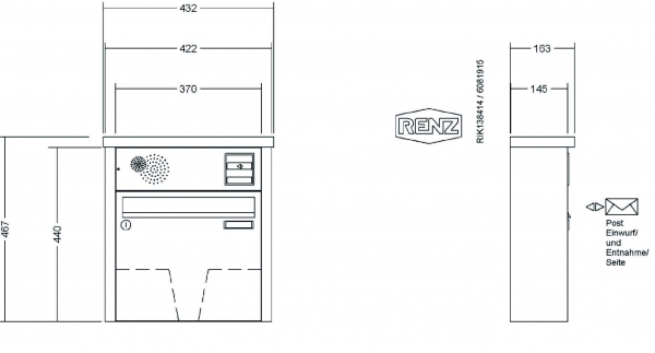 RENZ Briefkastenanlage Aufputz, Tetro, Edelstahl V4A, Kastenformat 370x330x145mm, mit Klingel - & Lichttaster und Vorbereitung Gegensprechanlage, 1-teilig
